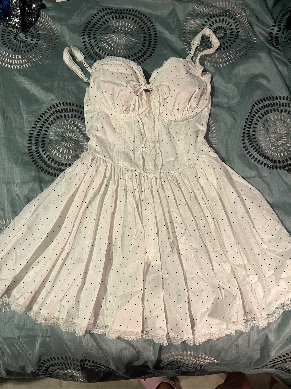 White Polka Dot Sundress with Lace Trim